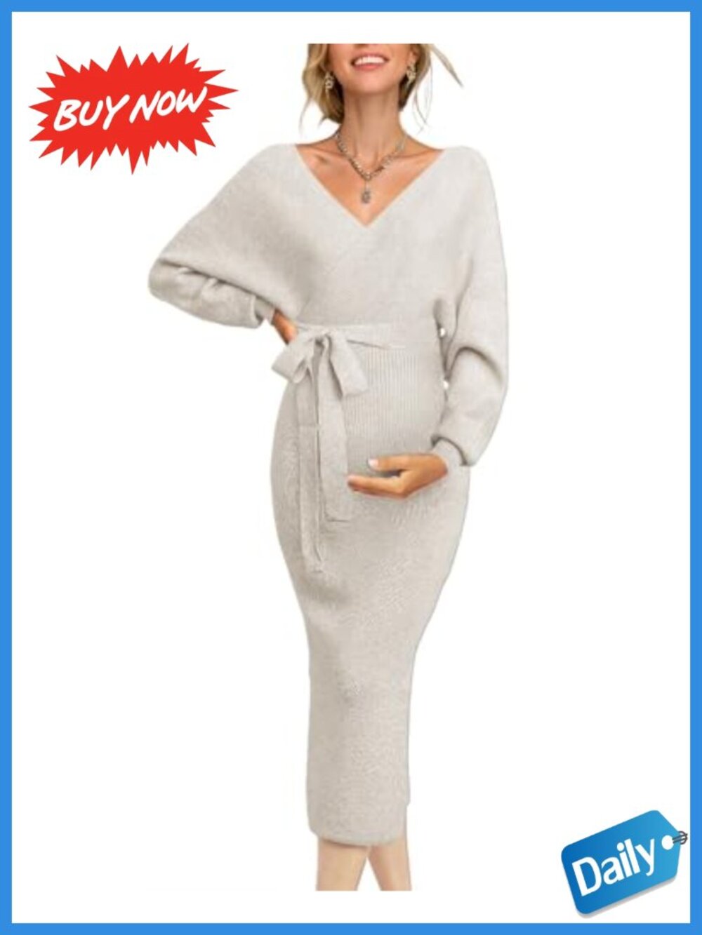 Maternity Knit Wrap Dress Long Sleeve V-Neck Belted Maxi